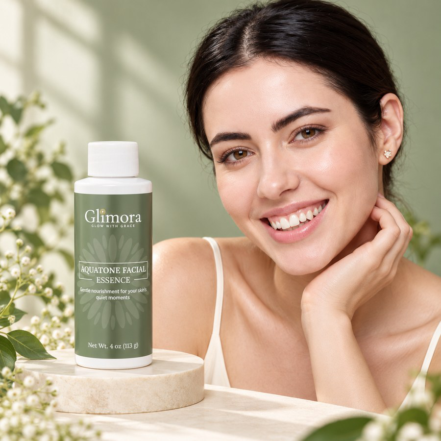 AquaTone Facial Essence with a smiling model